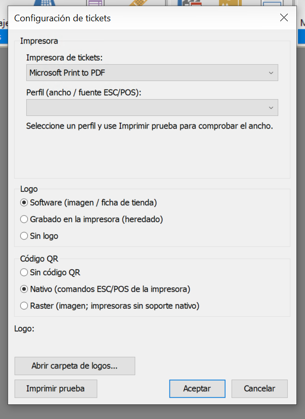 Nueva ventana de configuración - impresora de tickets
