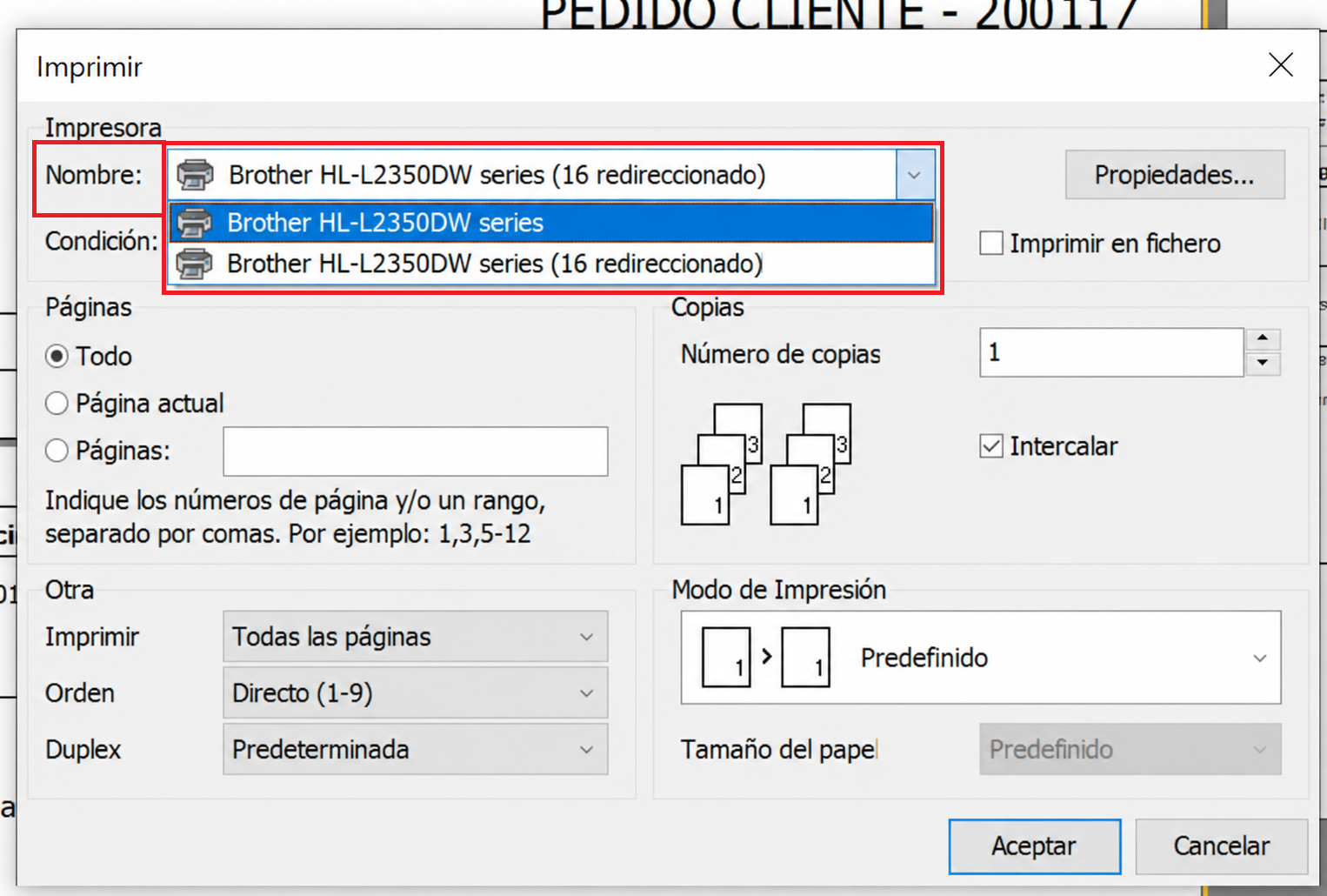 Impresora de ejemplo en Simobel